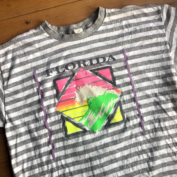 Vintage single stitch striped neon Florida t-shirt sz XL USA made 100% cotton - Picture 2 of 9